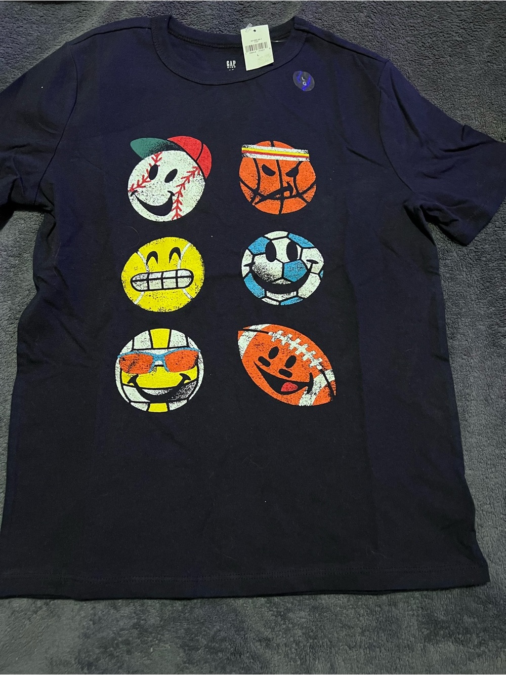 NWT GAP Boys Navy Tee with Colorful Sports Emoji Faces